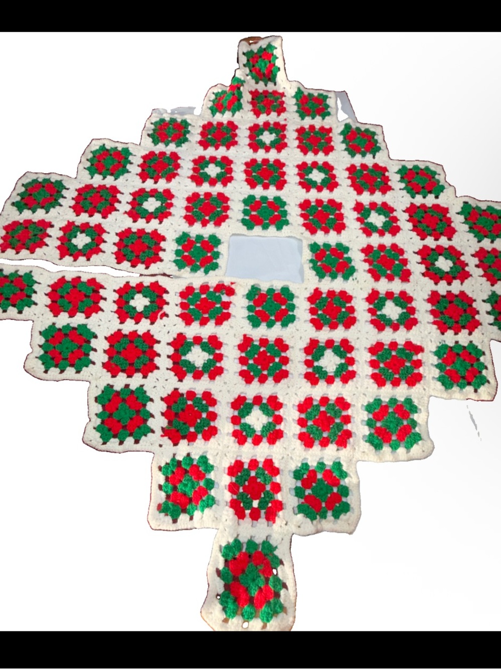 Granny Square Crocheted Hand Knit Christmas Tree Skirt Red Green White, 41 X 41”